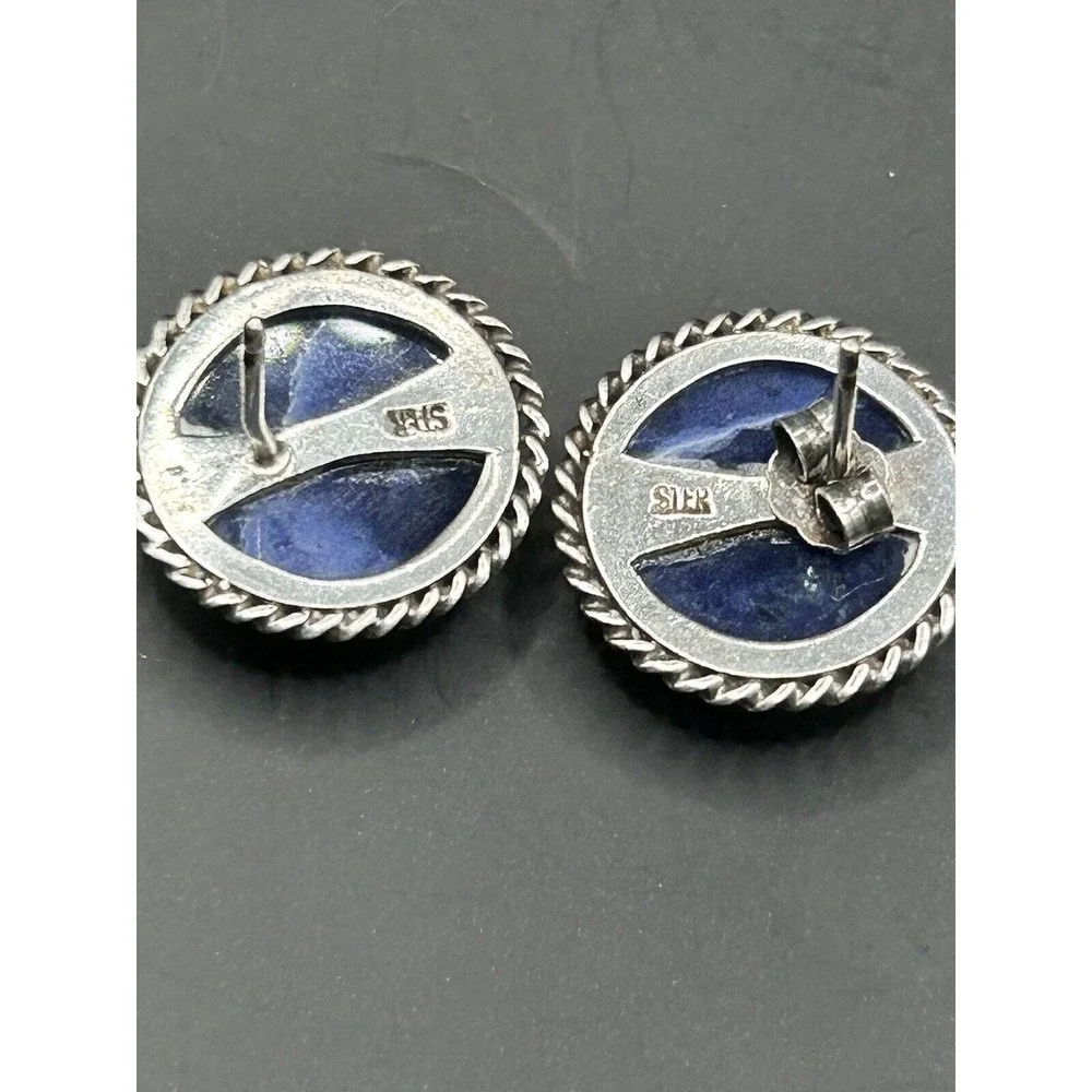 Vintage Mexican Sterling Silver‎ Lapis Lazuli Button Statement Earrings 5.58 g